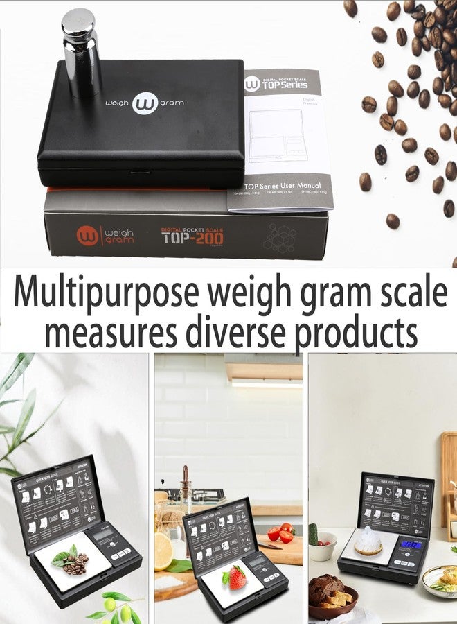 Weigh Gram ميزان رقمي صغير للجيب، سعة 200 غرام، بدقة 0.01 غرام، ميزان صغير للأطعمة والمجوهرات والحبوب، مع معايرة وزن 100 غرام. - Image 4